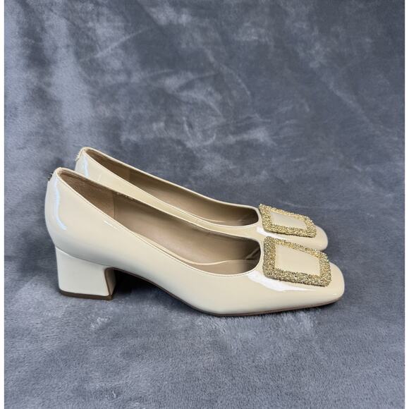 Sam Edelman Cream Patent Gold Buckle Pump Woman's Sz 8 EUC - Picture 2 of 9